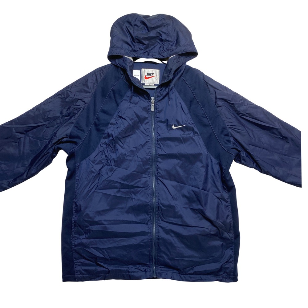 Nike Windbreaker Mens Large Navy Blue Hooded Full Zip Embroidered Swoosh H8-YNG